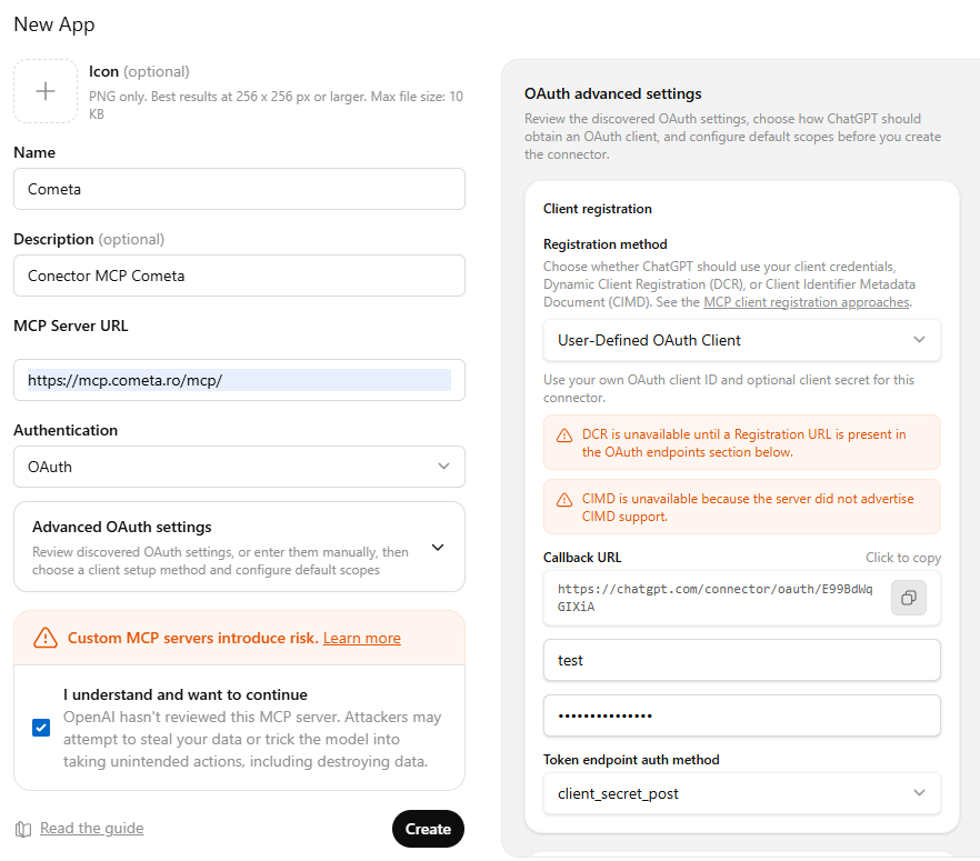 Formularul New App – nume, MCP Server URL, OAuth