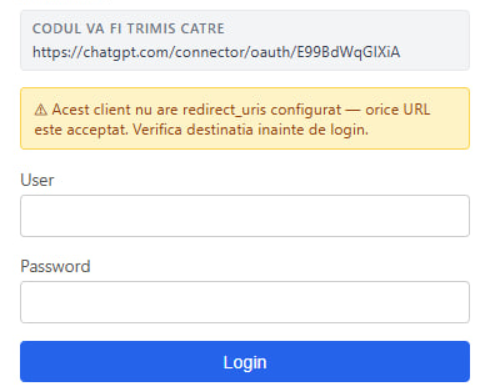 Autentificare pe serverul MCP – User și Password