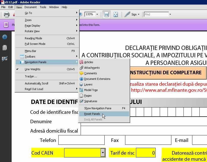Meniul View – Navigation Panels – Reset Panels
