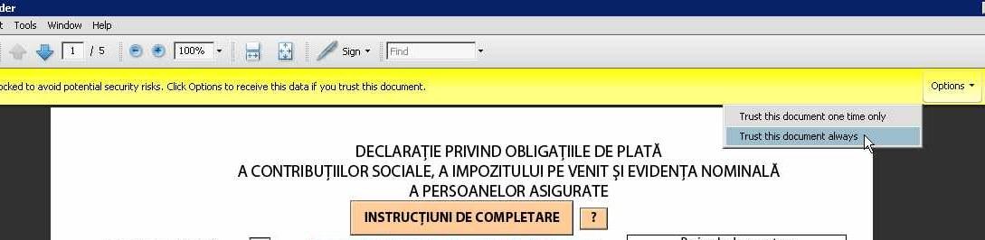 Bara galbenă – opțiunea Trust this document always
