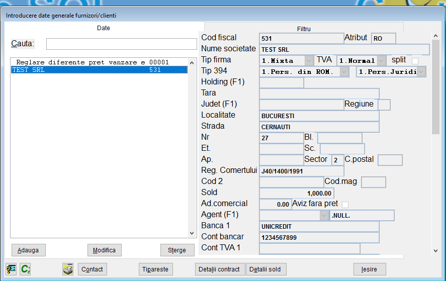 Date client - adresă, telefon, bancă, cont
