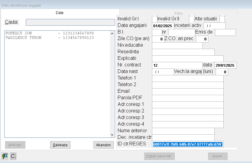 Date identificare angajați – ID contract REGES