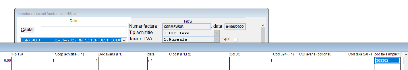 Câmpul Cod taxă SAF-T pe detaliile documentului