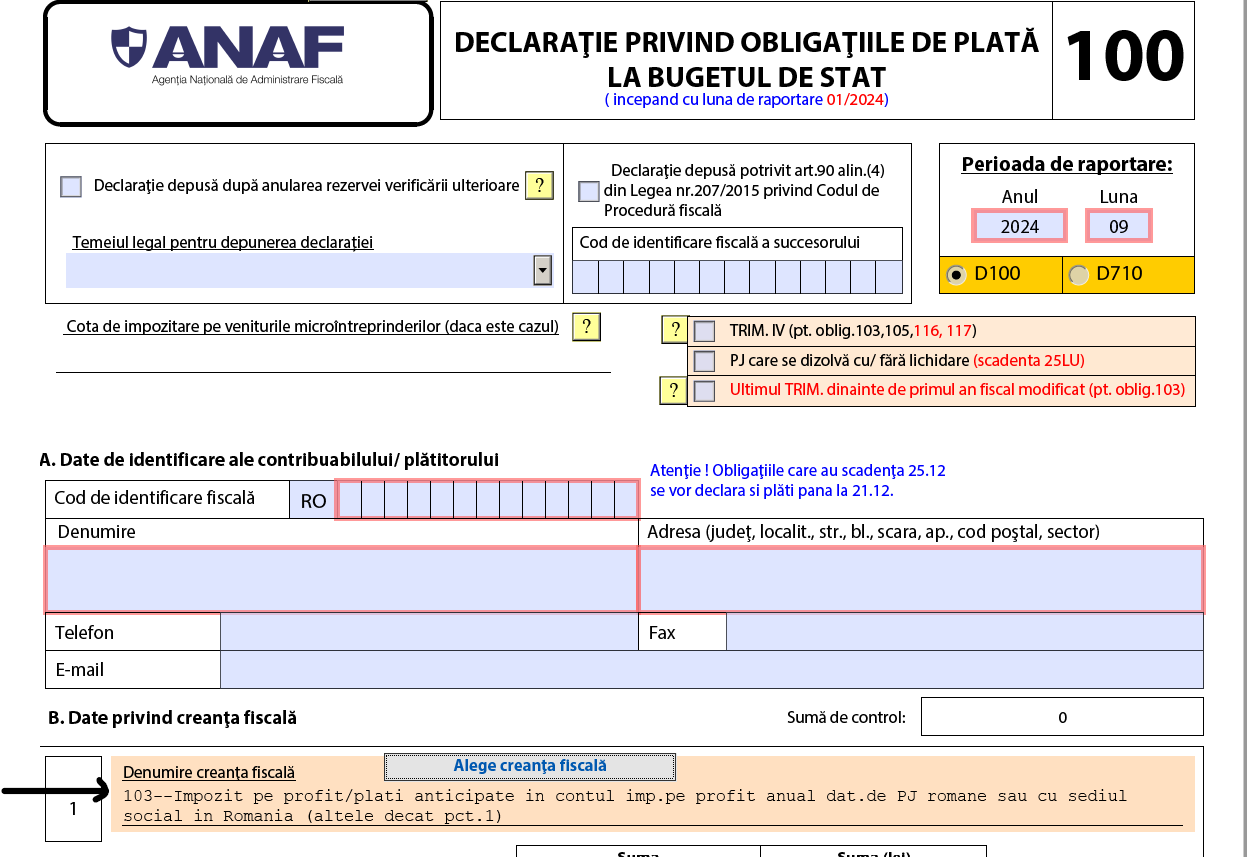 Coduri taxe și impozite - D100