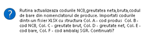 Confirmarea rutinei de import - structura coloanelor fișierului XLSX.