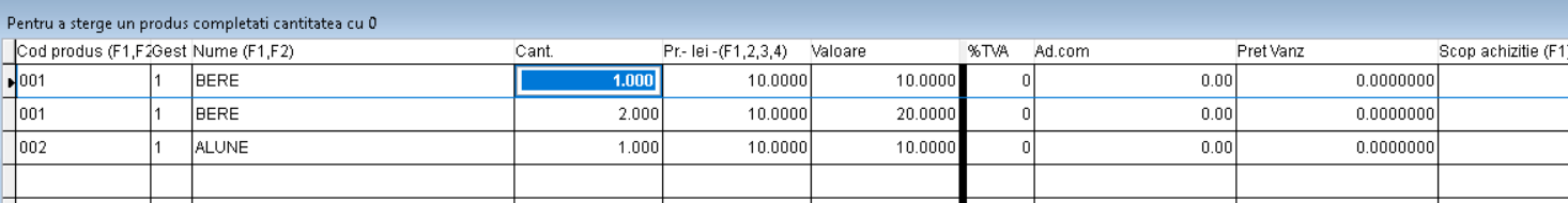 Introducere document achiziție - se introduce numai produsul.