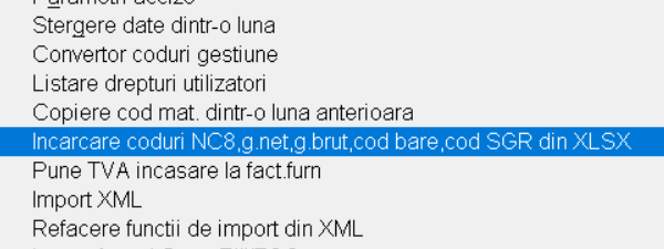 Meniu Diverse - Încărcare coduri NC8, g.net, g.brut, cod bare, cod SGR din XLSX.